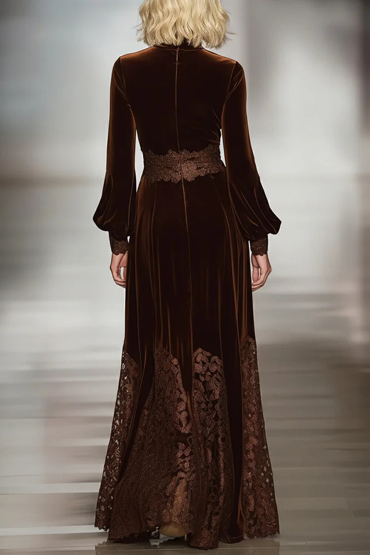 Vestido Maxi de Terciopelo con Cuello Alto, Mangas Globo y Encaje