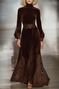 Vestido Maxi de Terciopelo con Cuello Alto, Mangas Globo y Encaje