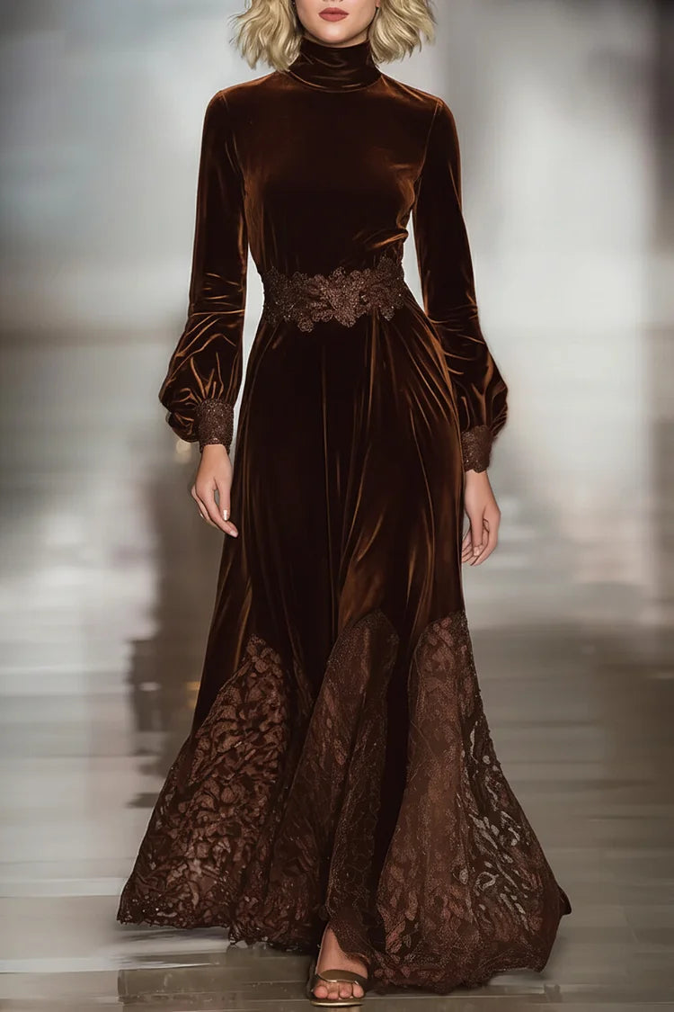 Vestido Maxi de Terciopelo con Cuello Alto, Mangas Globo y Encaje