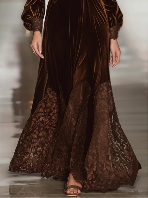Vestido Maxi de Terciopelo con Cuello Alto, Mangas Globo y Encaje