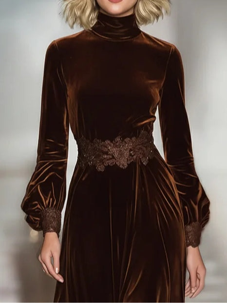 Vestido Maxi de Terciopelo con Cuello Alto, Mangas Globo y Encaje