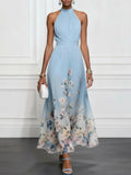 Vestido Maxi de Chiffon Azul Claro Floral Halter sin Mangas