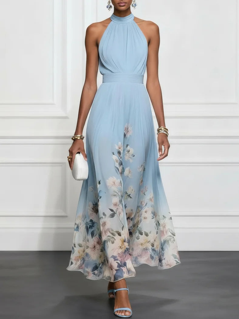 Vestido Maxi de Chiffon Azul Claro Floral Halter sin Mangas