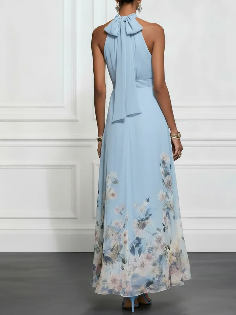 Vestido Maxi de Chiffon Azul Claro Floral Halter sin Mangas