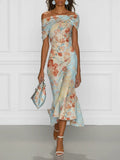 Vittoria - Vestido midi tipo sirena sin mangas con hombros descubiertos y estampado floral azul