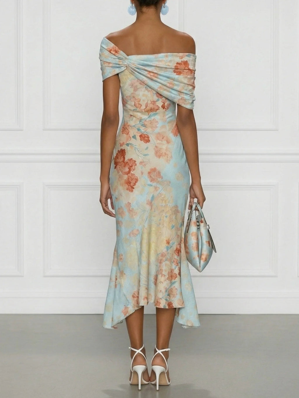 Vestido Midi Azul Floral Sirena Off-Shoulder sin Mangas