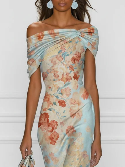 Vestido Midi Azul Floral Sirena Off-Shoulder sin Mangas