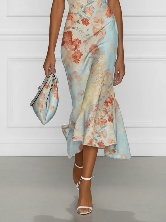 Vittoria - Vestido midi tipo sirena sin mangas con hombros descubiertos y estampado floral azul
