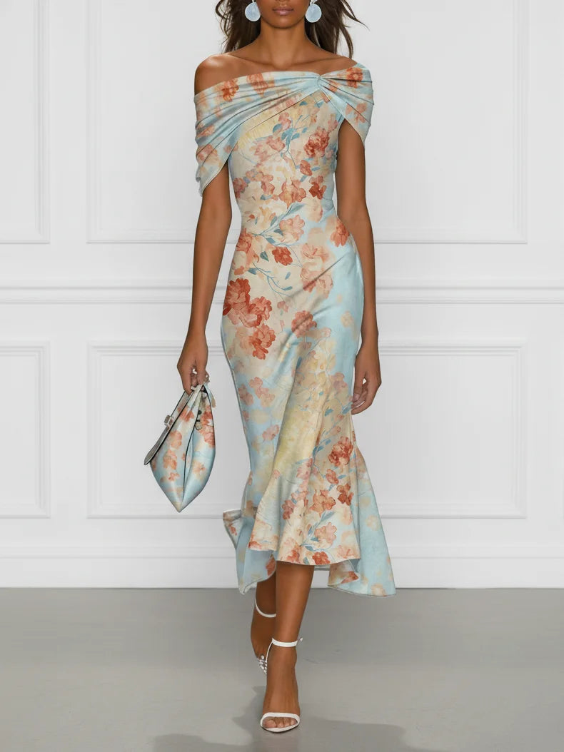 Vestido Midi Azul Floral Sirena Off-Shoulder sin Mangas