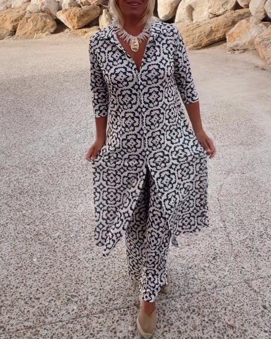 Sara | Conjunto Boho de Túnica con Estampado Geométrico y Pantalón Ancho