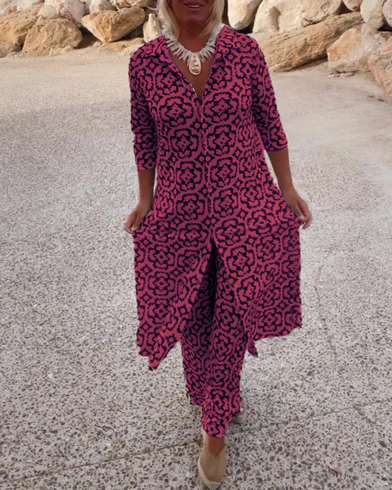 Sara | Conjunto Boho de Túnica con Estampado Geométrico y Pantalón Ancho