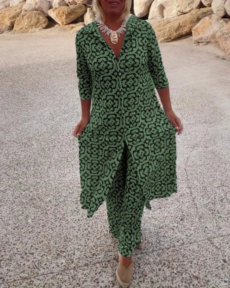 Sara | Conjunto Boho de Túnica con Estampado Geométrico y Pantalón Ancho