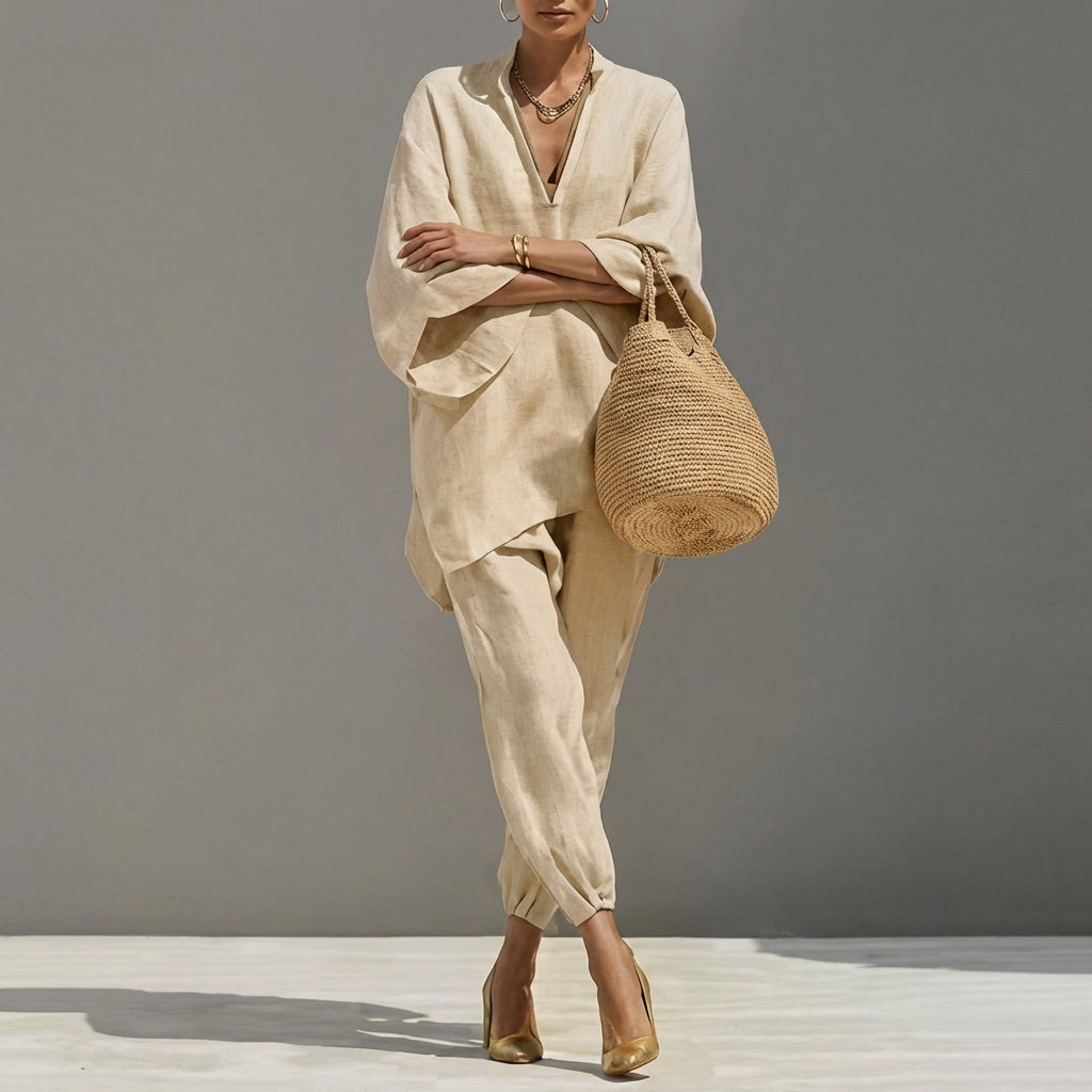Marina | Conjunto Relajado de Top Escote en V y Pantalón Ancho