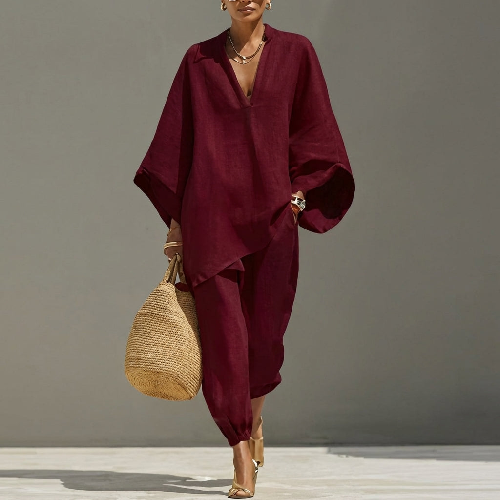 Marina | Conjunto Relajado de Top Escote en V y Pantalón Ancho
