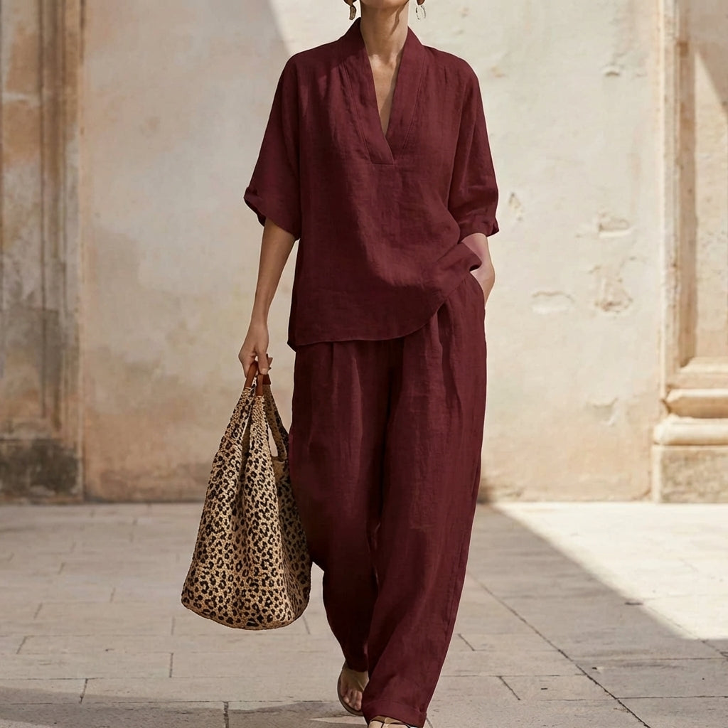 Dolores | Conjunto Relajado de Top Henley y Pantalón Ancho