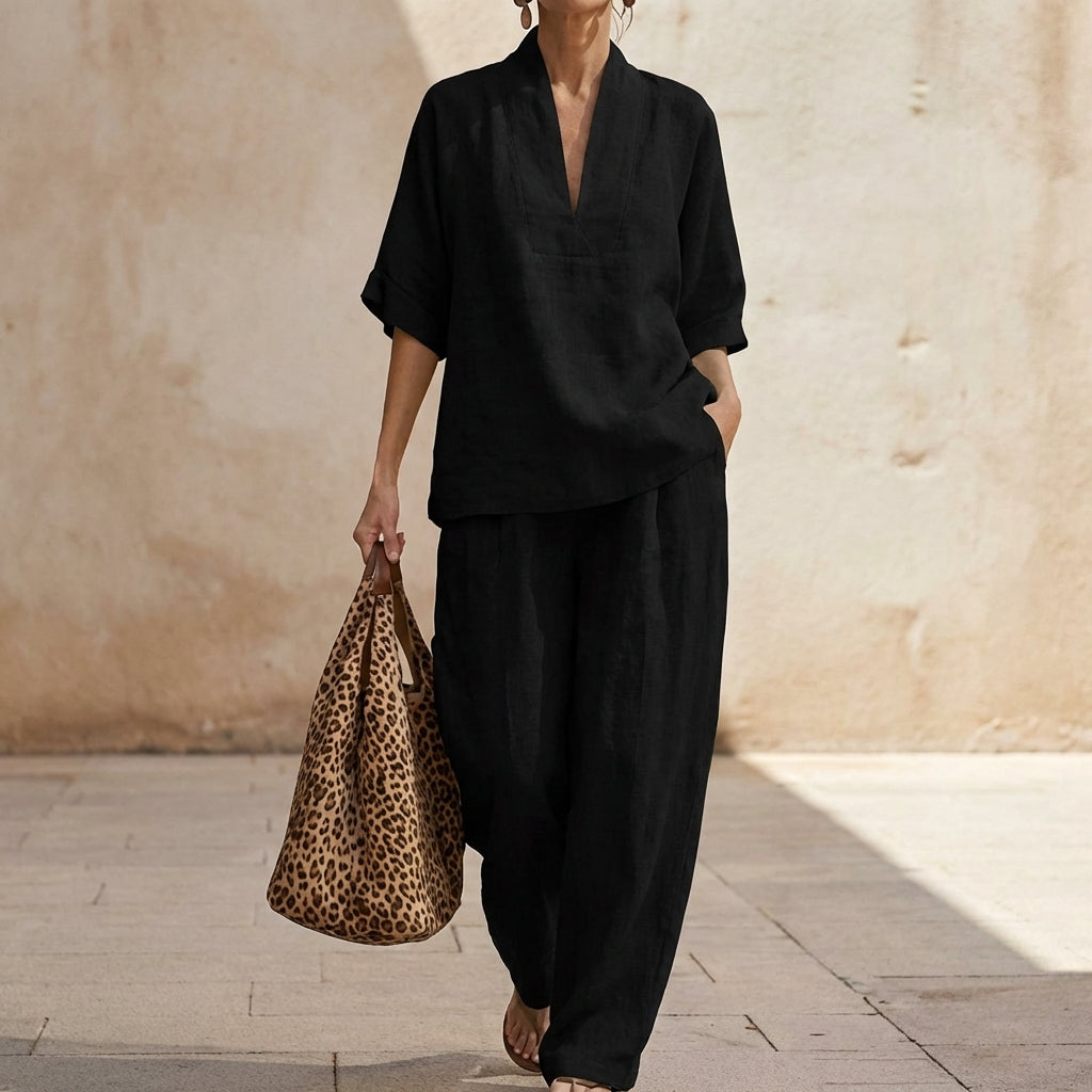 Dolores | Conjunto Relajado de Top Henley y Pantalón Ancho