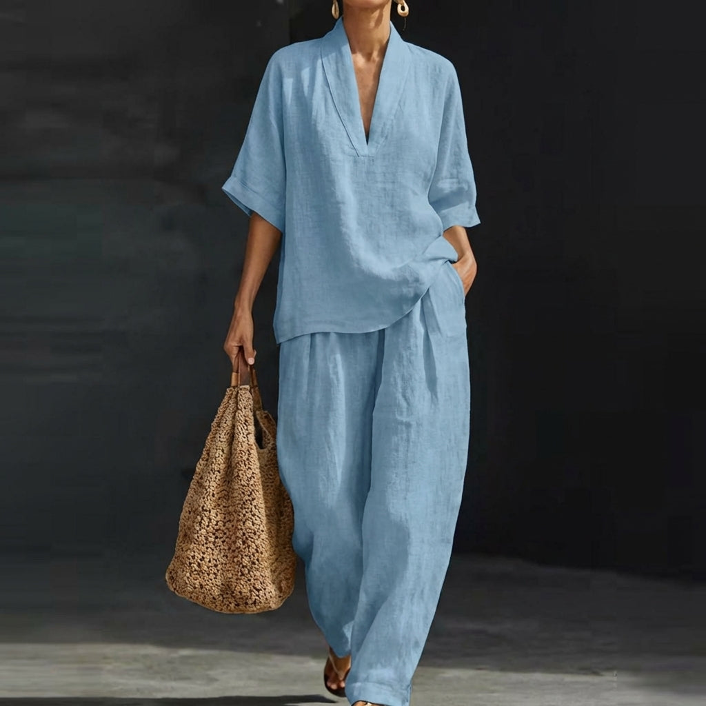 Dolores | Conjunto Relajado de Top Henley y Pantalón Ancho