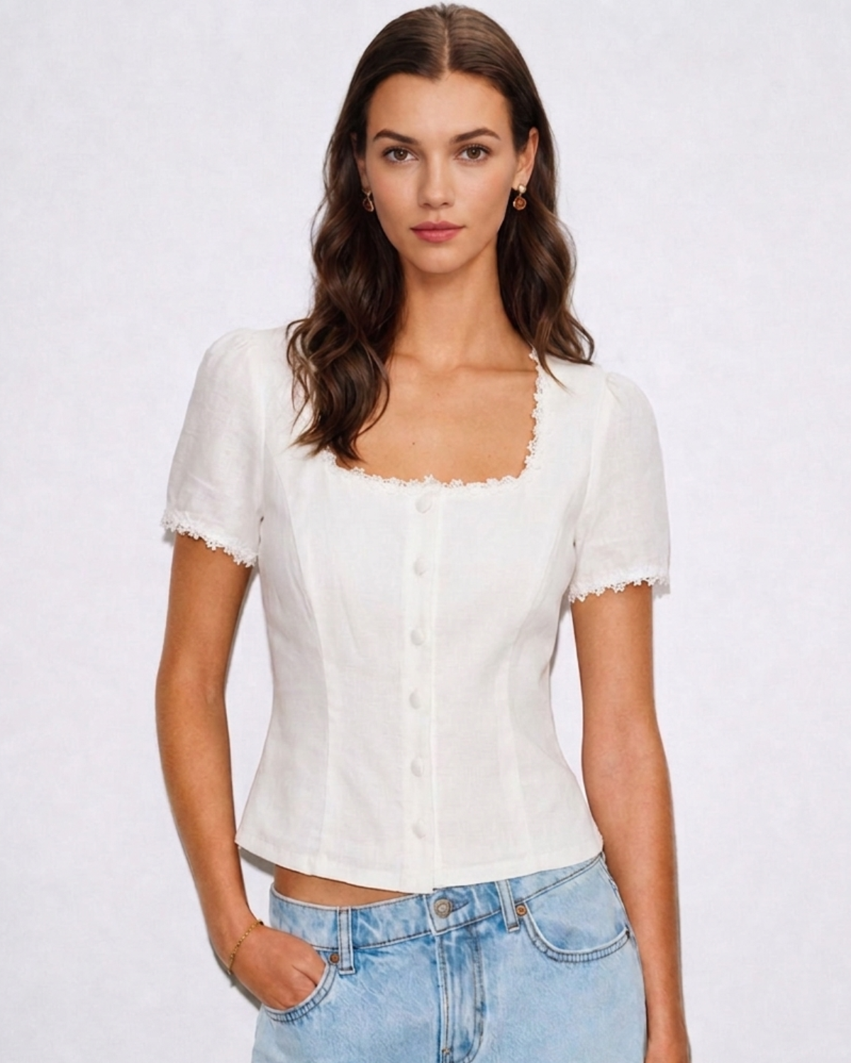 Blusa de Encaje Blanca con Cuello Cuadrado y Botonadura