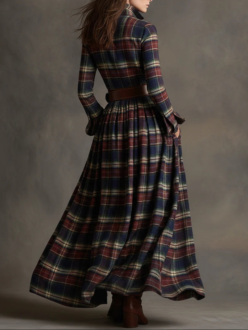 Vestido Maxi Retro de Cuadros con Solapa y Manga Larga (Cinturón Incluido)