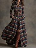 Vestido Maxi Retro de Cuadros con Solapa y Manga Larga (Cinturón Incluido)