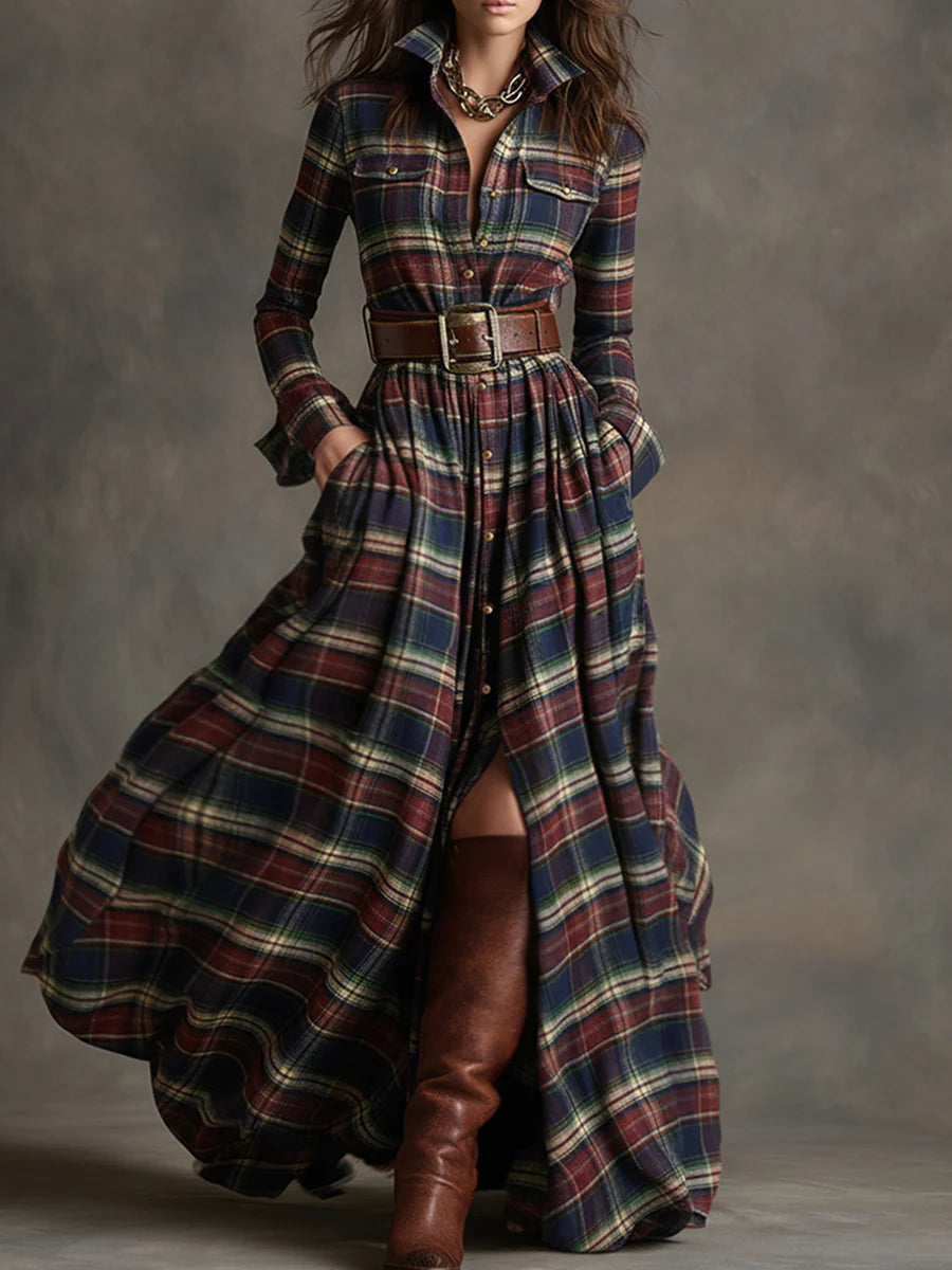 Vestido Maxi Retro de Cuadros con Solapa y Manga Larga (Cinturón Incluido)