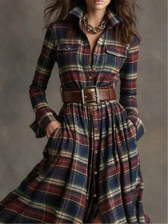 Vestido Maxi Retro de Cuadros con Solapa y Manga Larga (Cinturón Incluido)