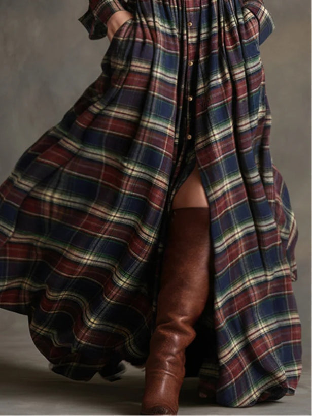 Vestido Maxi Retro de Cuadros con Solapa y Manga Larga (Cinturón Incluido)