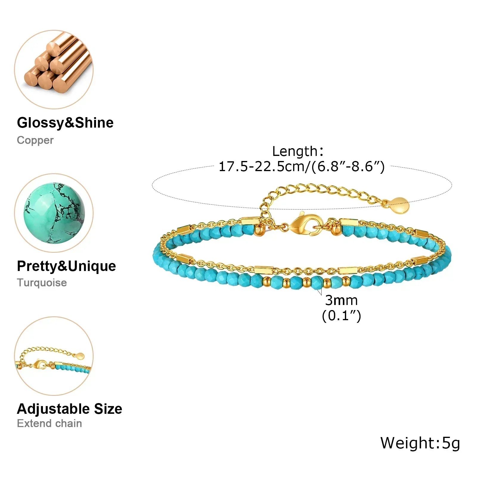 Pulsera Radiante de Cadena Dorada con Turquesa
