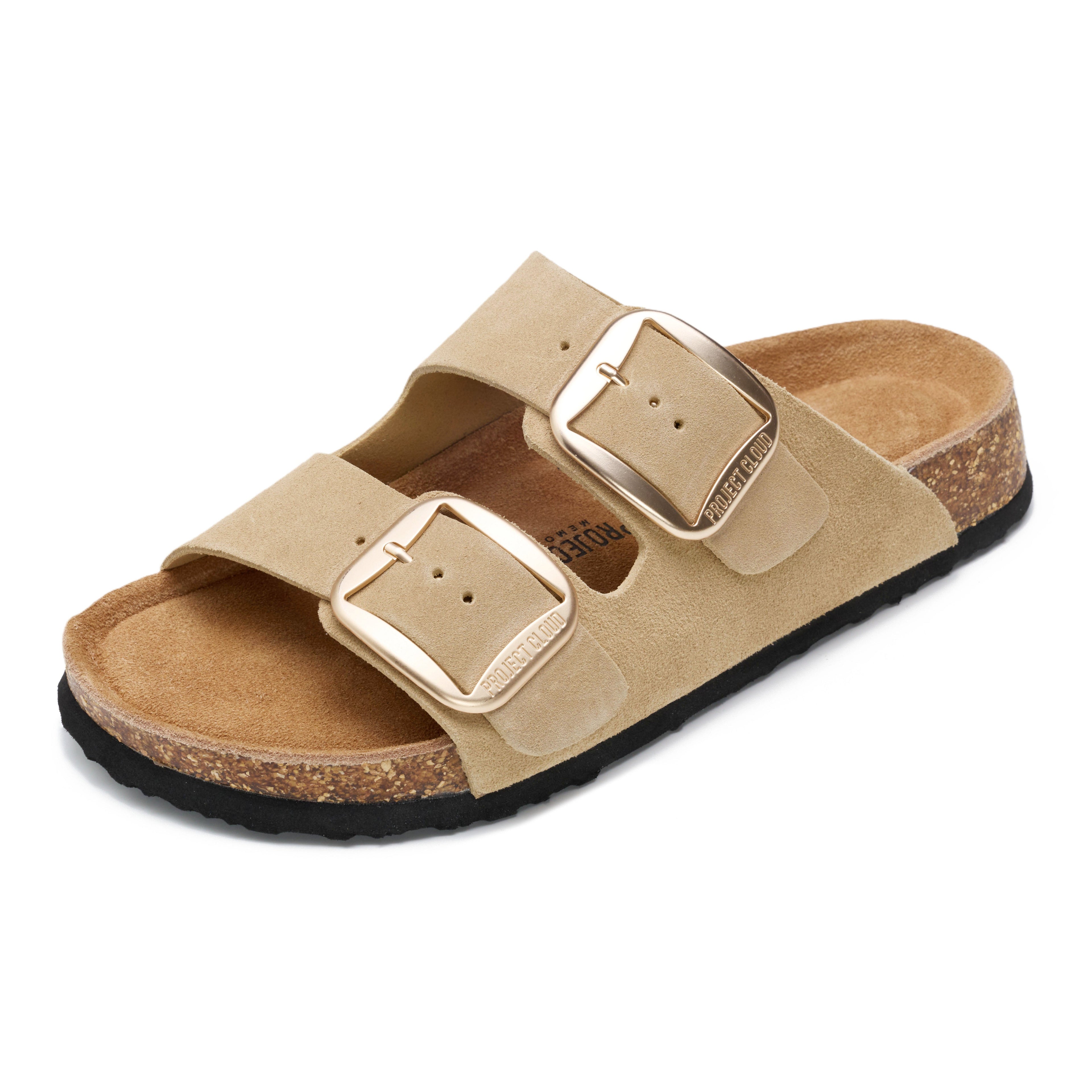 Santorini | Sandalias Planas de Cuero Genuino 100% | Plantilla Plush | Ligeras | Antideslizantes