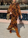 Vestido Largo Café Estampado con Mangas Amplias