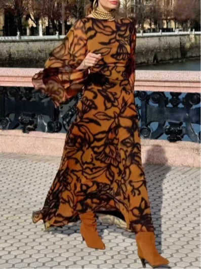 Vestido Largo Café Estampado con Mangas Amplias
