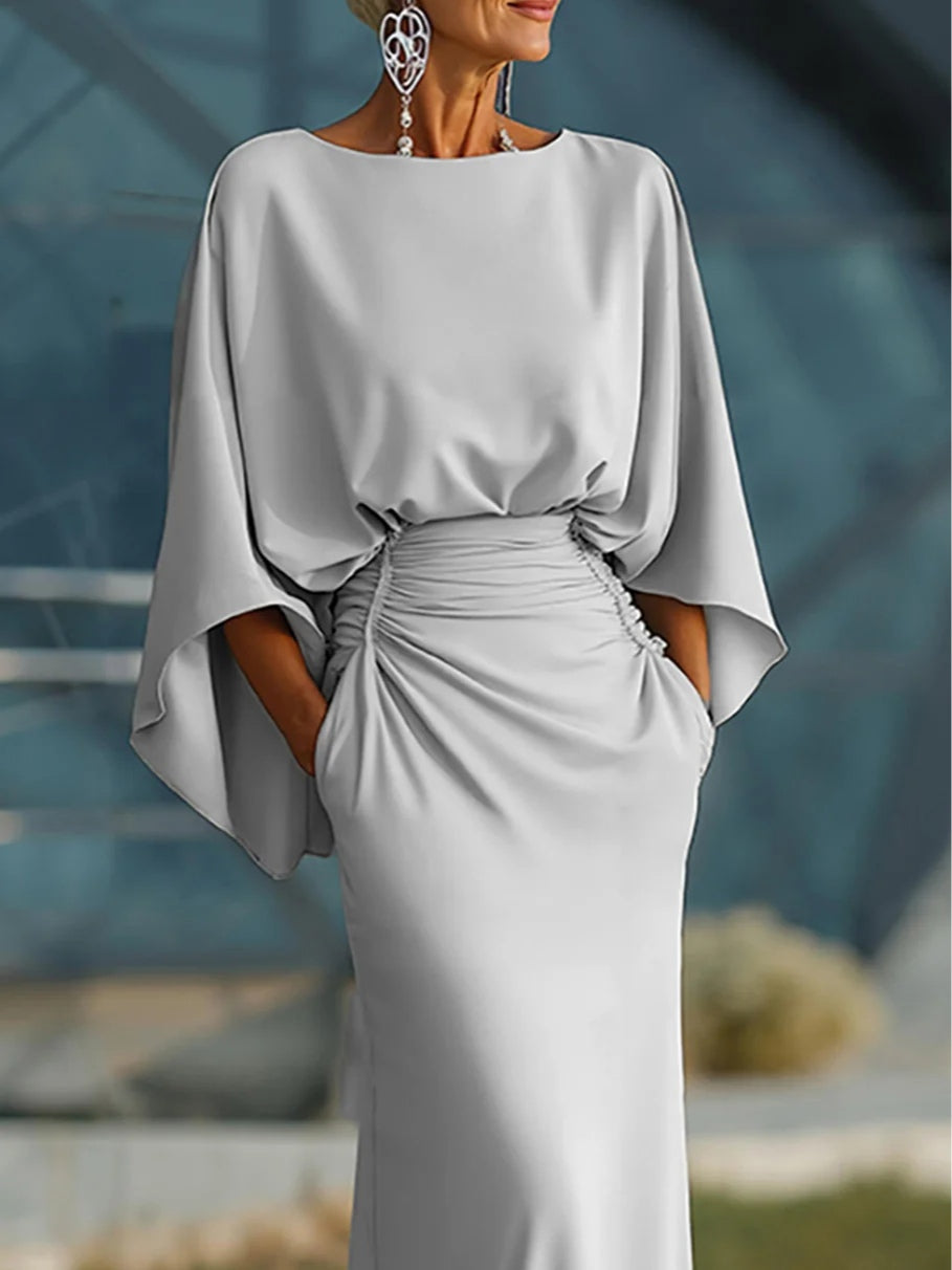 Vestido Elegante con Cuello en V, Espalda Descubierta y Mangas Murciélago