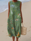 Vestido cruzado sin mangas con bolsillos y estampado vintage de animales del bosque para mujer