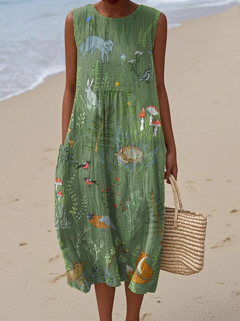 Vestido cruzado sin mangas con bolsillos y estampado vintage de animales del bosque para mujer