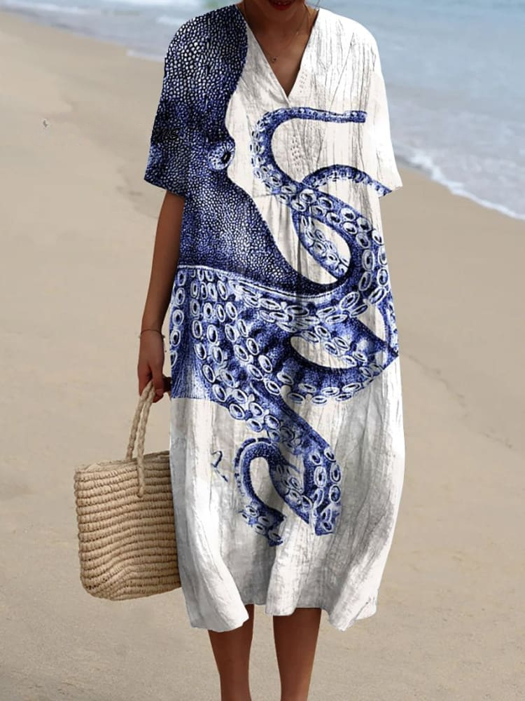 Vestido casual con estampado artístico de pulpos para mujer