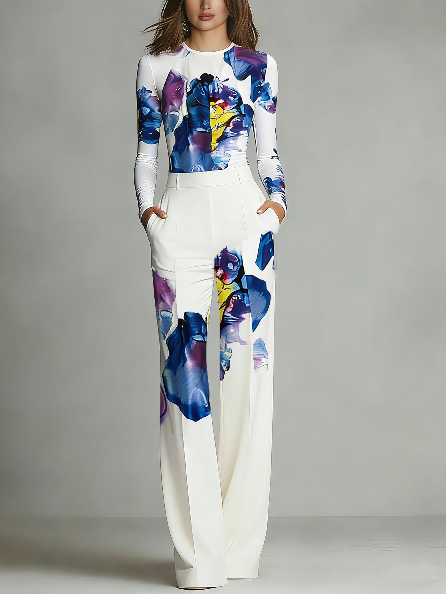 Conjunto de Top de Cuello Redondo con Estampado en Bloques de Color y Pantalón