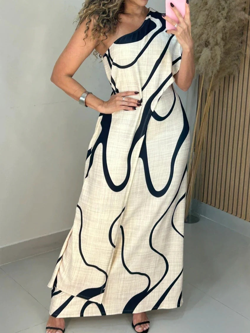 Vestido Maxi Off-Shoulder con Estampado Abstracto