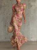 Maxi Vestido Vintage con Estampado de Rosas y Mangas Globo