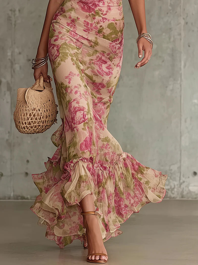 Maxi Vestido Vintage con Estampado de Rosas y Mangas Globo