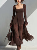 Vestido Midi Vintage de Cuello Cuadrado, Mangas Transparentes y Falda Acampanada