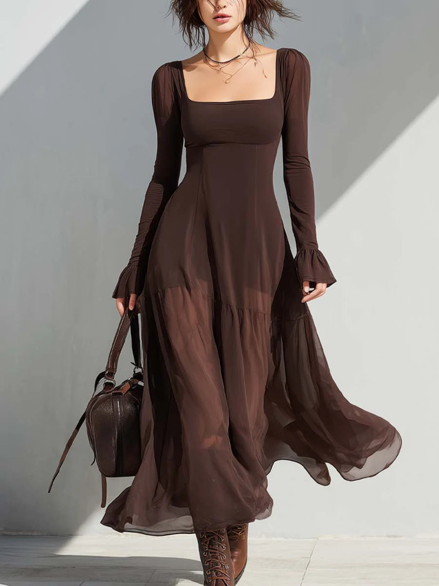 Vestido Midi Vintage de Cuello Cuadrado, Mangas Transparentes y Falda Acampanada