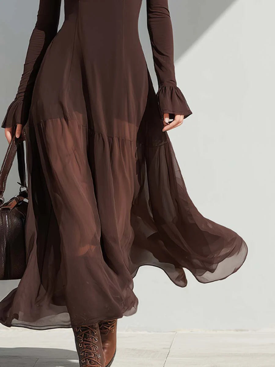Vestido Midi Vintage de Cuello Cuadrado, Mangas Transparentes y Falda Acampanada