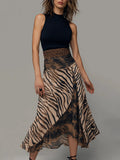 Vestido Midi Vintage sin Mangas con Estampado de Cebra y Patchwork