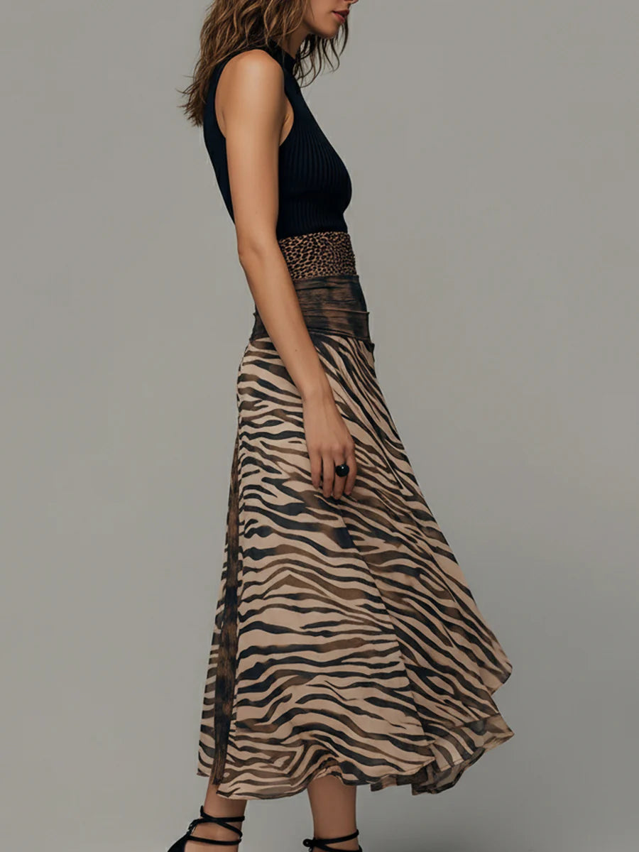 Vestido Midi Vintage sin Mangas con Estampado de Cebra y Patchwork