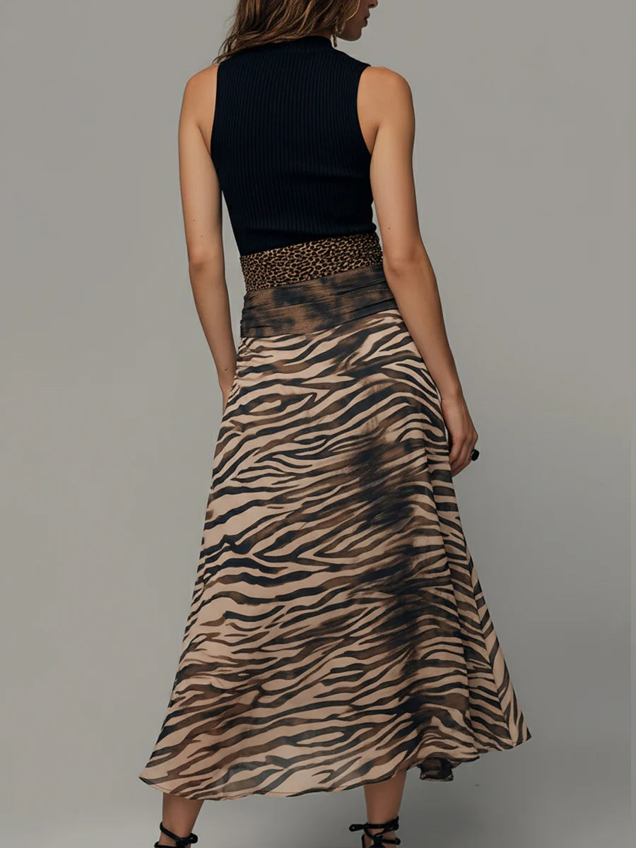 Vestido Midi Vintage sin Mangas con Estampado de Cebra y Patchwork