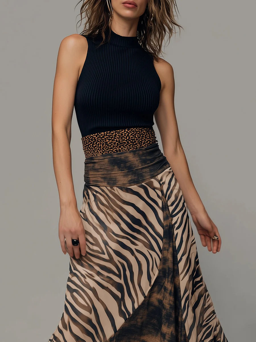 Vestido Midi Vintage sin Mangas con Estampado de Cebra y Patchwork
