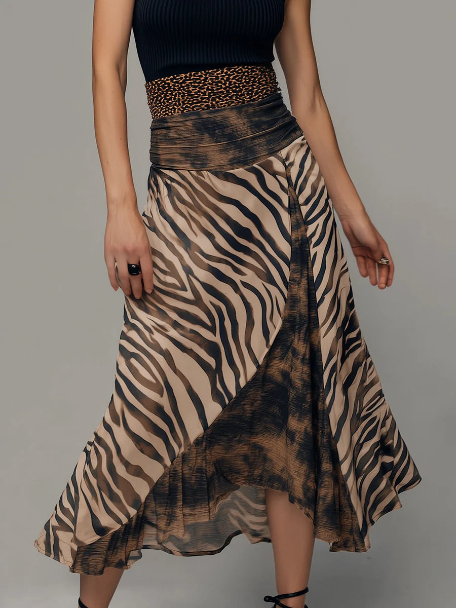 Vestido Midi Vintage sin Mangas con Estampado de Cebra y Patchwork
