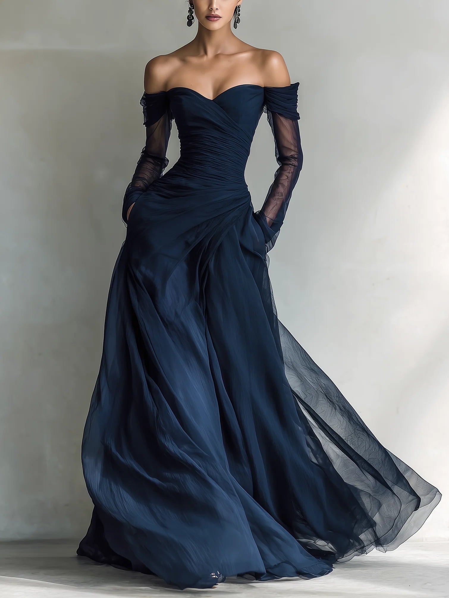 Vestido Maxi Elegante de Organza Azul Marino Off-Shoulder Entallado