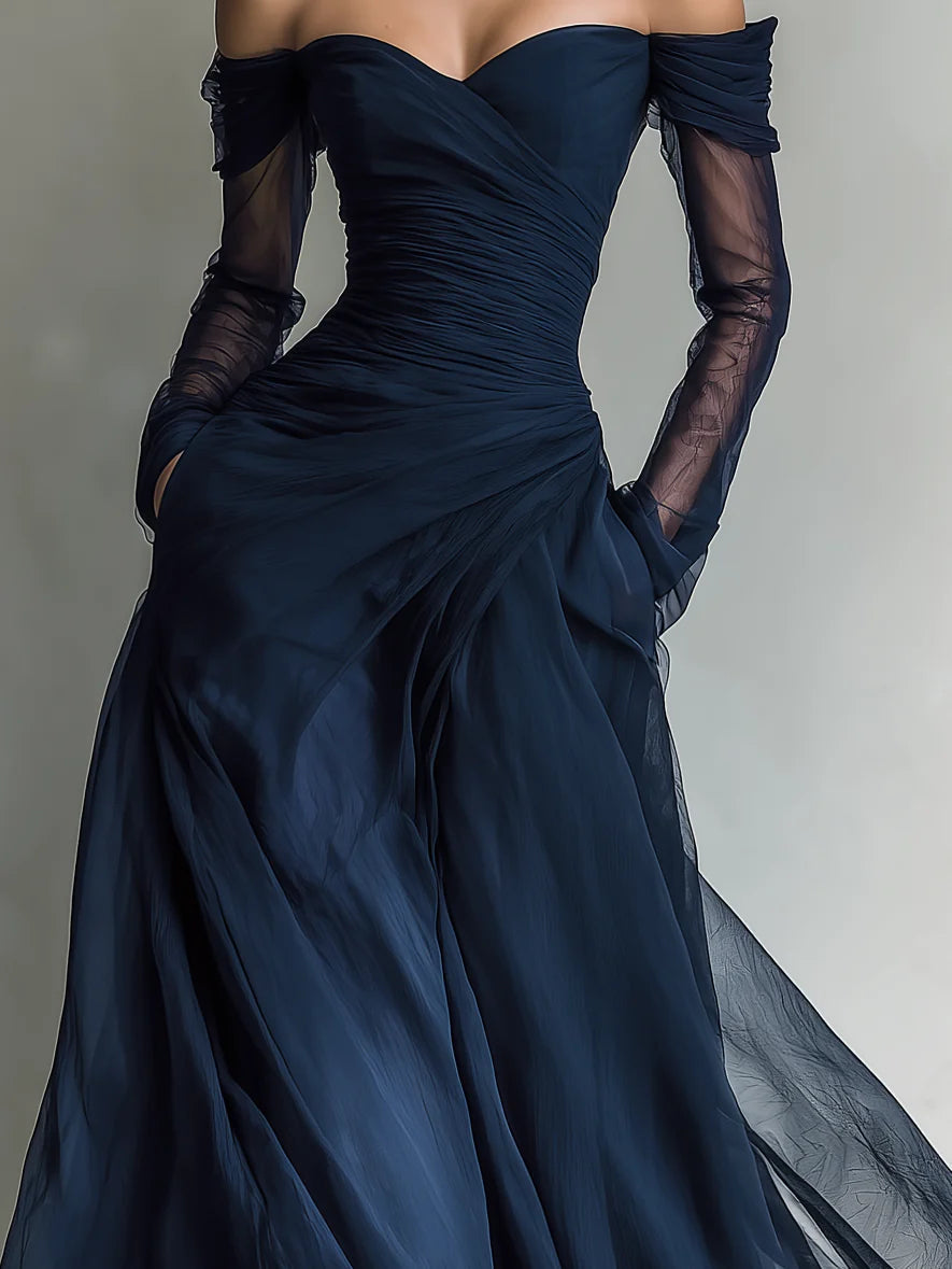 Vestido Maxi Elegante de Organza Azul Marino Off-Shoulder Entallado