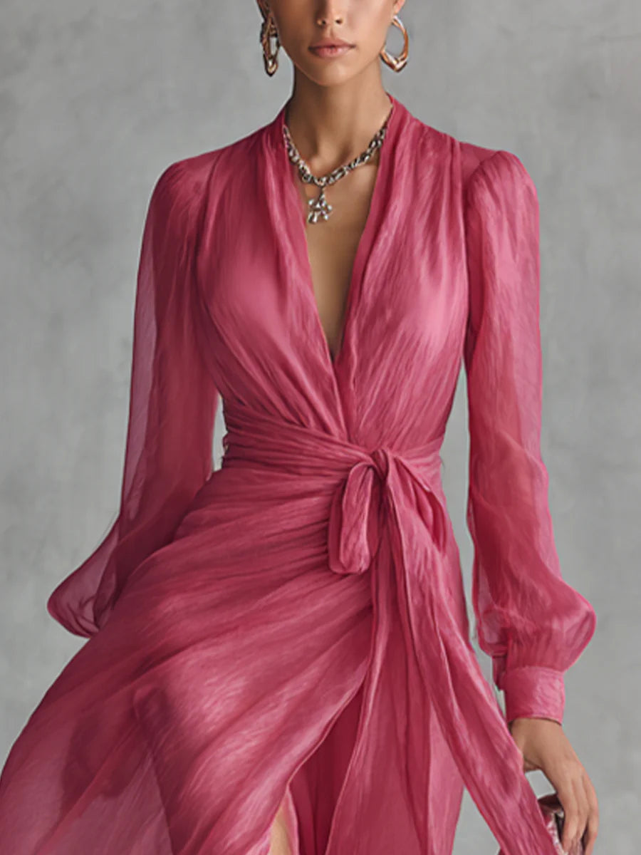 Vestido Largo de Chiffon Rosa Elegante con Cuello en V y Cintura Lazada
